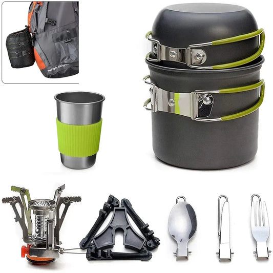 Portable Camping Cookware Set Outdoor Pot Mini Gas Stove Sets Nature Hike Picnic Cooking Set With Foldable Spoon Fork Knife