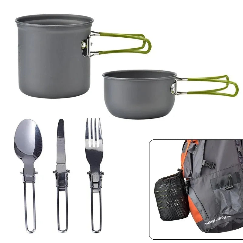 Portable Camping Cookware Set Outdoor Pot Mini Gas Stove Sets Nature Hike Picnic Cooking Set With Foldable Spoon Fork Knife