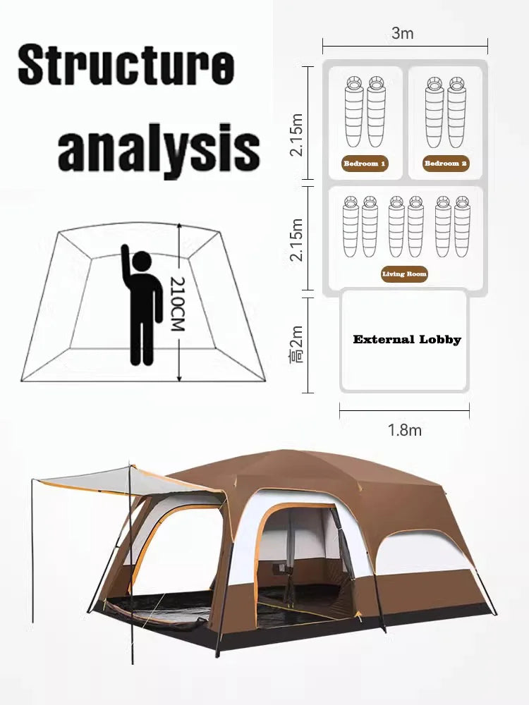 Sonuto Camping 5 Colors Tent 3-12 Person Double Layers Oversize 2 Rooms Thickened Rainproof Outdoor Family Camp Tour Equipment